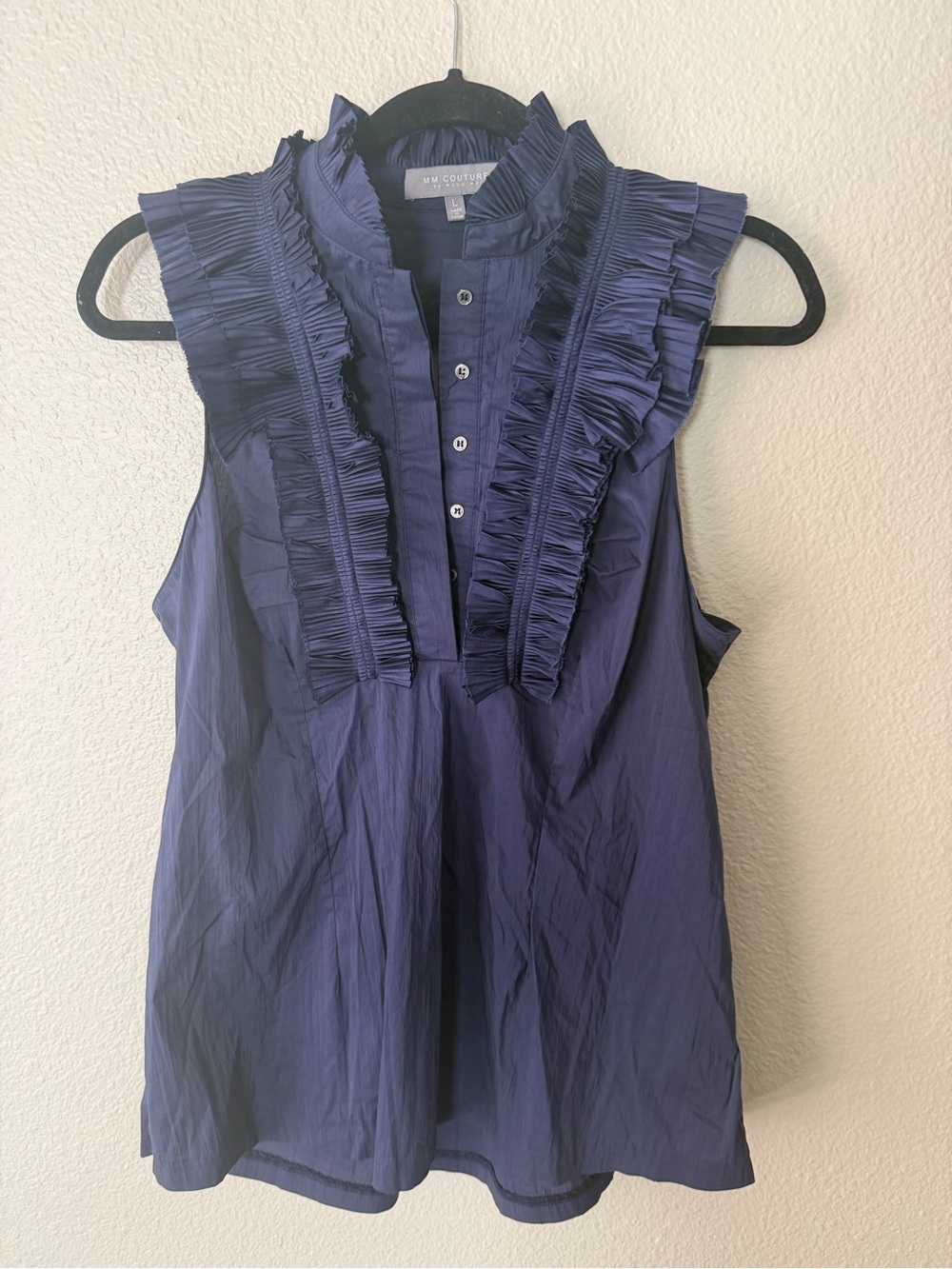 MM Couture Miss Me Navy Ruffled Sleeveless Blouse Silk Y2K Office Siren Size L